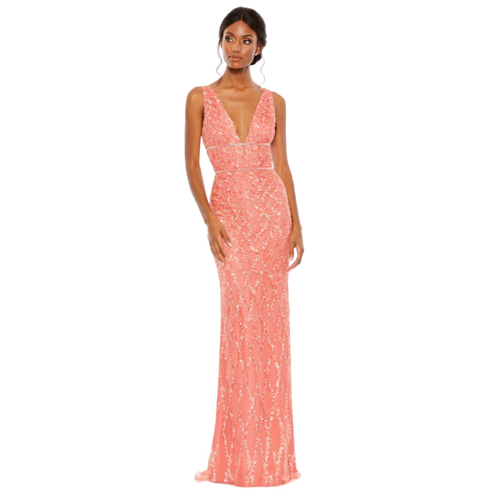 Mac Duggal Coral Sequin V-Neck Embellished Maxi Dress